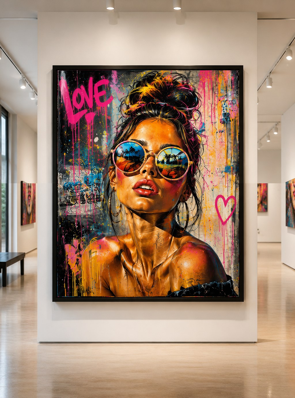Love Round Shades — large original mixed-media pop art by Tomasio, Street-pop portrait with round reflective sunglasses and pink love lettering, displayed in a gallery