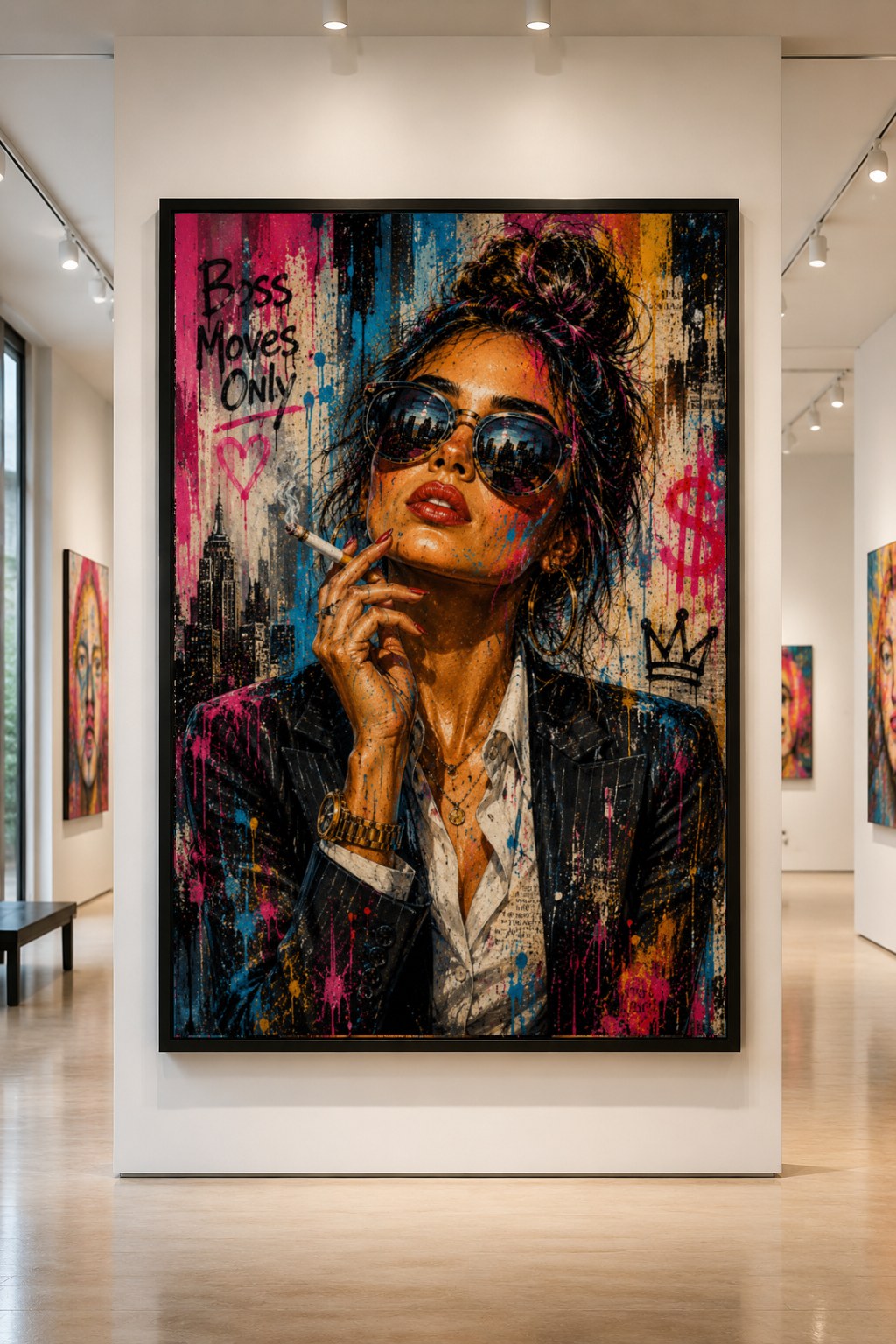 Boss Moves Only — large original mixed-media pop art by Tomasio, Fashion-forward portrait in sunglasses and pinstripes with handwritten text, hanging in a gallery