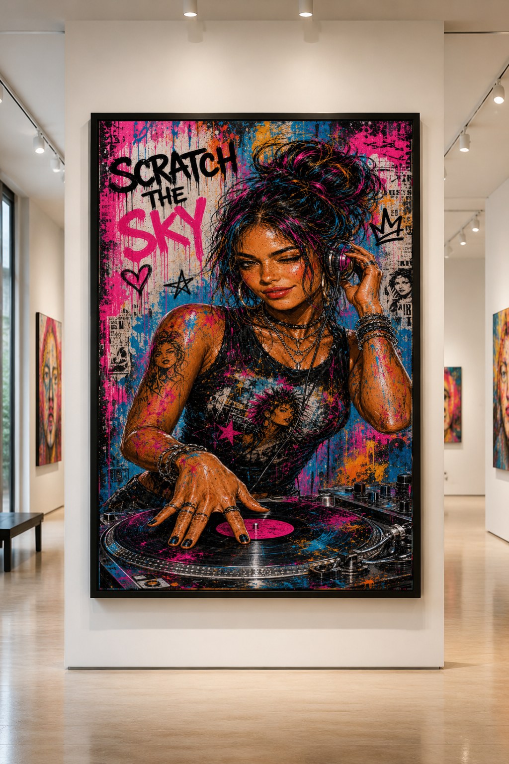 Scratch the Sky — large original mixed-media pop art by Tomasio, Street-pop DJ portrait with headphones and a vinyl turntable, hanging in a gallery