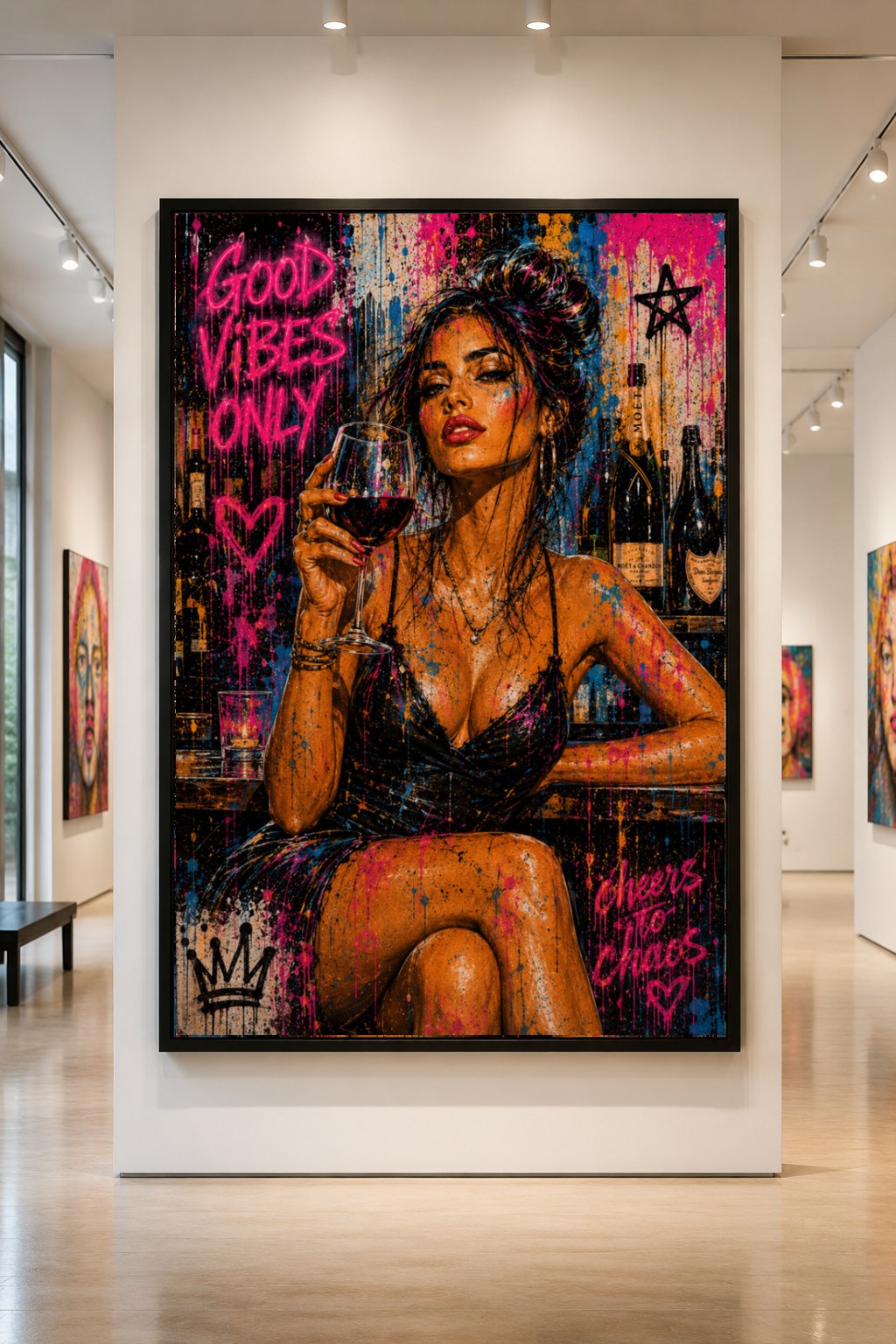 Midnight Toast — large original mixed-media pop art by Tomasio, Nightlife portrait holding a wine glass in a paint-splashed setting, hanging in a gallery