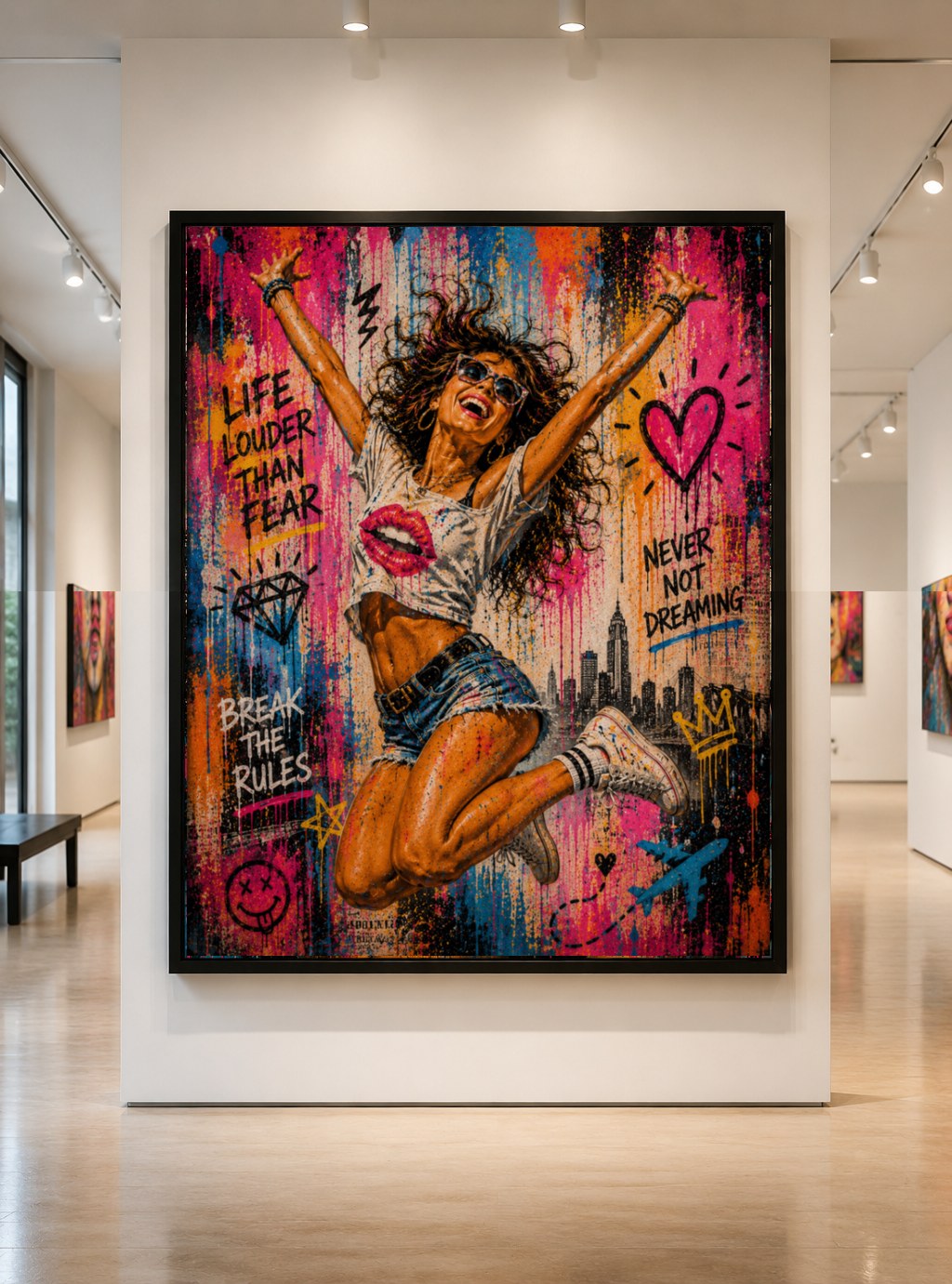 Break the Rules — large original mixed-media pop art by Tomasio, Energetic pop-art painting of a joyful airborne figure against a graffiti wall, hanging in a gallery
