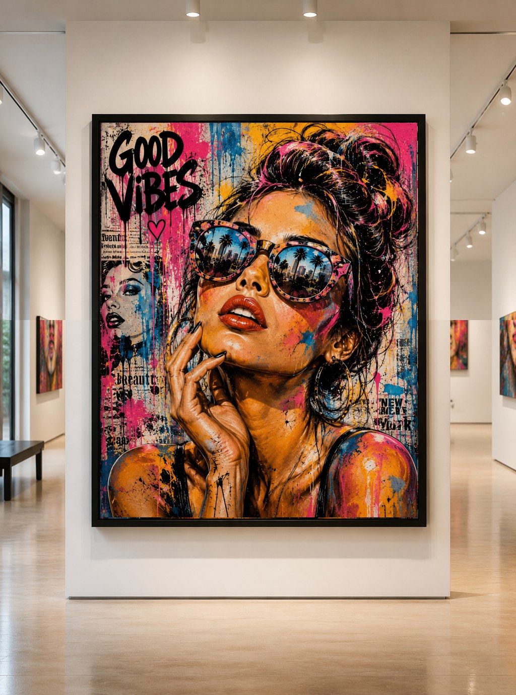 Good Vibes Muse — large original mixed-media pop art by Tomasio, Street-pop portrait with palm tree reflections in sunglasses and graffiti reading Good Vibes, in a gallery