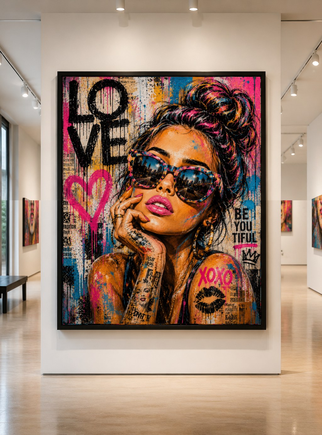 XOXO Boulevard — large original mixed-media pop art by Tomasio, Street-pop portrait with patterned sunglasses and graphic lettering, displayed in a gallery