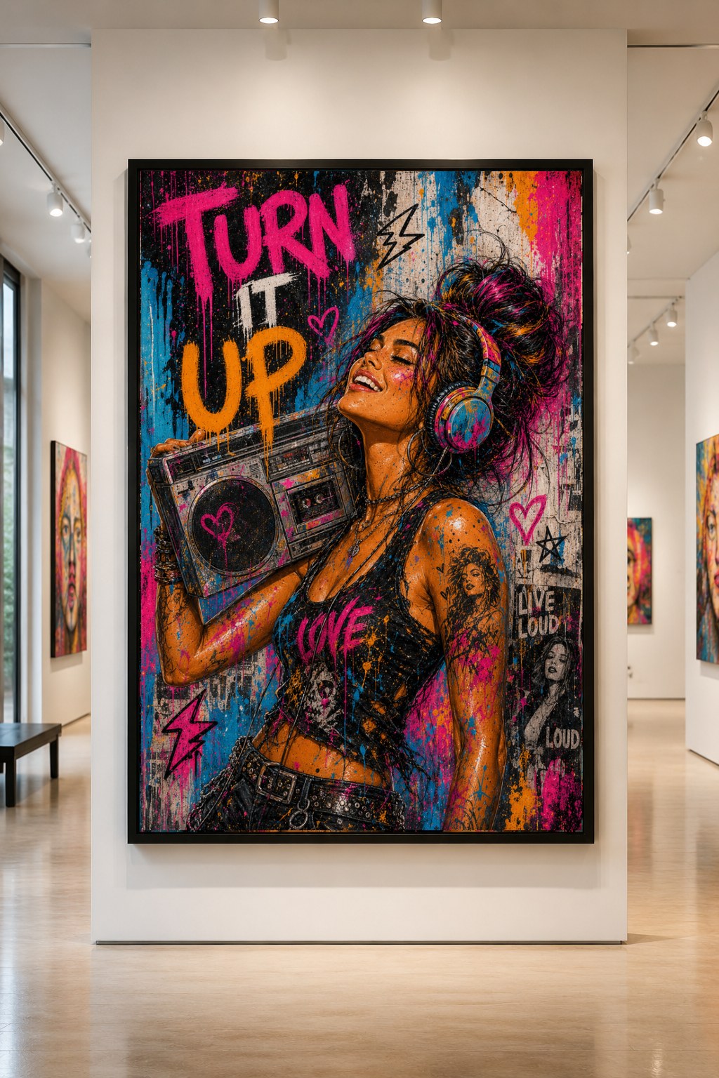 Turn It Up — large original mixed-media pop art by Tomasio, Street-pop portrait with boombox and headphones surrounded by neon drips, displayed in a gallery