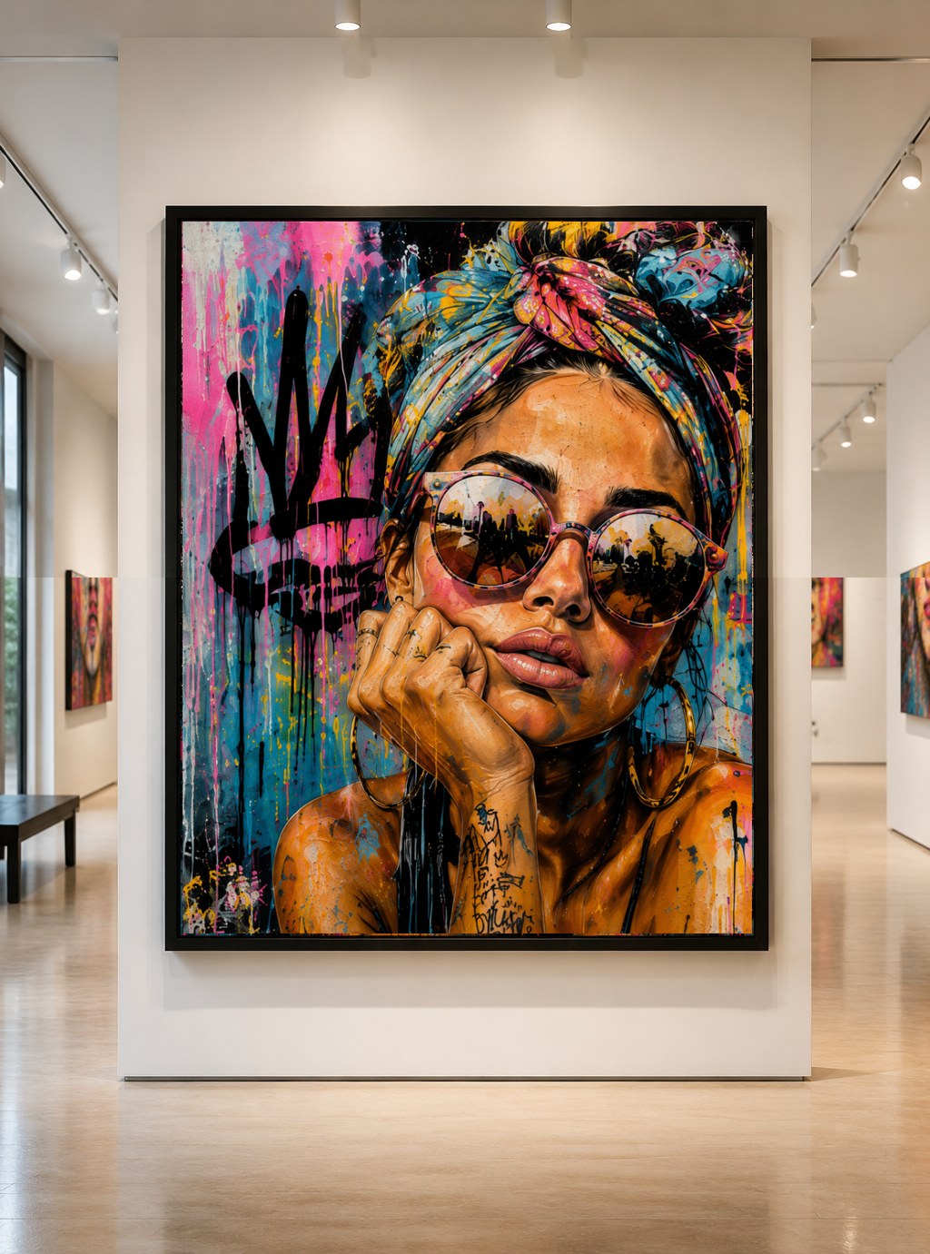 Crown the Static — large original mixed-media pop art by Tomasio, Close-up pop-art portrait with oversized sunglasses and a wrapped headscarf, hanging in a gallery