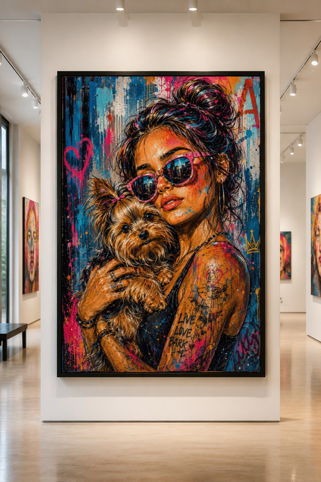 Live Love Bark — large original mixed-media pop art by Tomasio, Pop-art portrait holding a small dog with bright sunglasses, displayed in a gallery