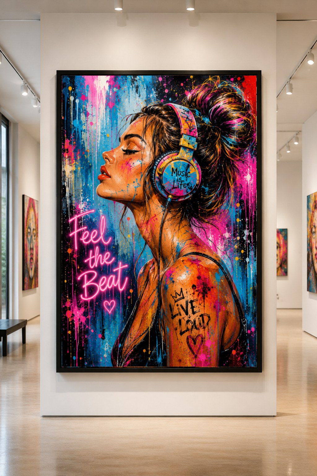 Neon Pulse — large original mixed-media pop art by Tomasio, Pop-art portrait of a woman in colorful headphones against a neon paint-splashed wall, hanging in a gallery