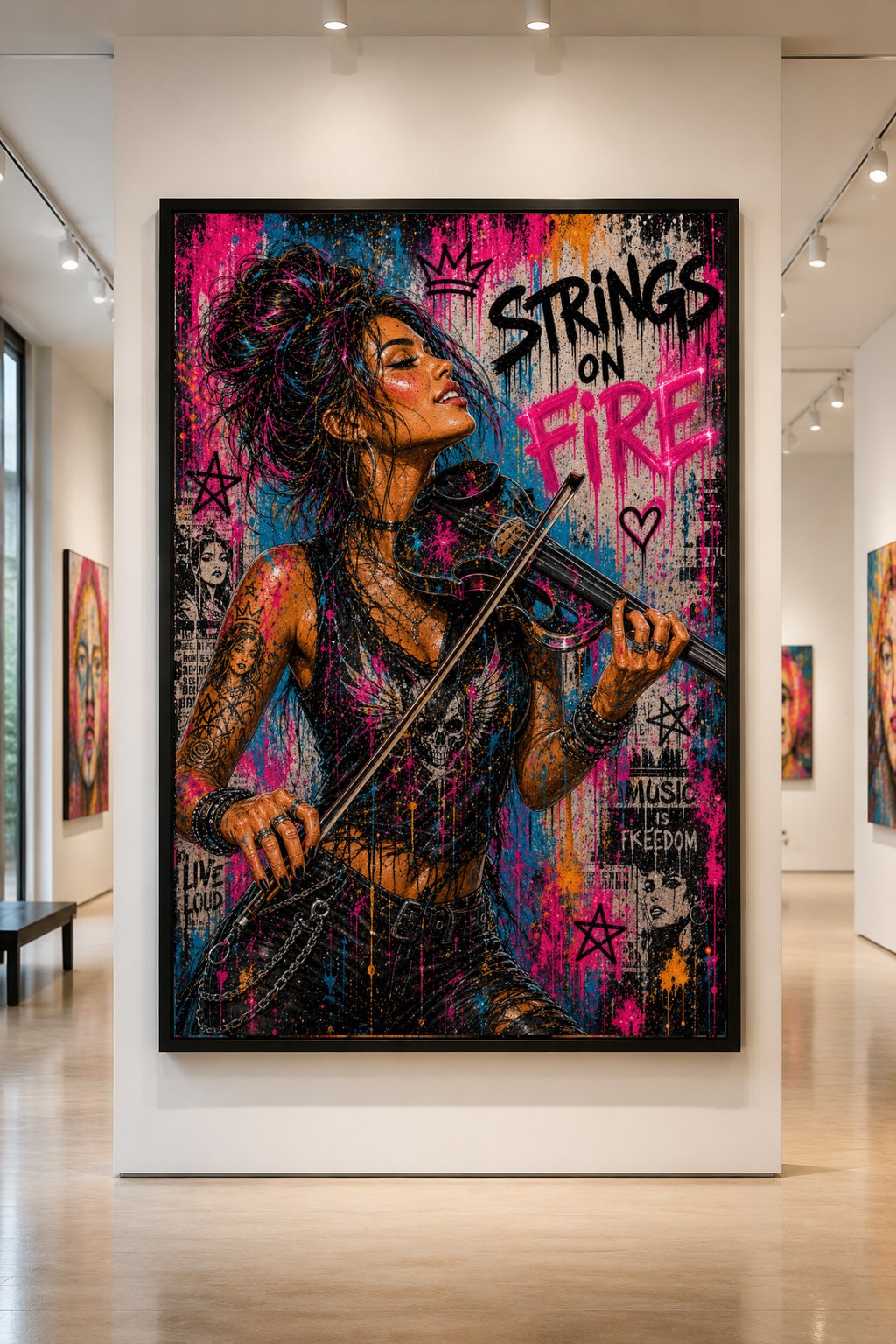 Strings on Fire — large original mixed-media pop art by Tomasio, Graffiti-style portrait of a violinist with pink lettering and paint drips, displayed in a gallery