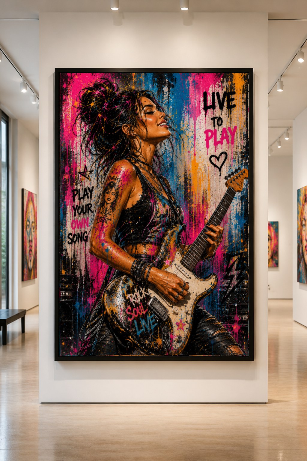 Riot Melody — large original mixed-media pop art by Tomasio, Street-pop painting of a woman playing electric guitar with graffiti phrases, displayed in a gallery