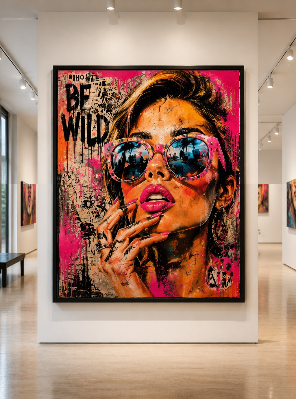 Be Wild — large original mixed-media pop art by Tomasio, Close-up street-pop portrait in pink sunglasses with bold lettering reading Be Wild, hanging in a gallery