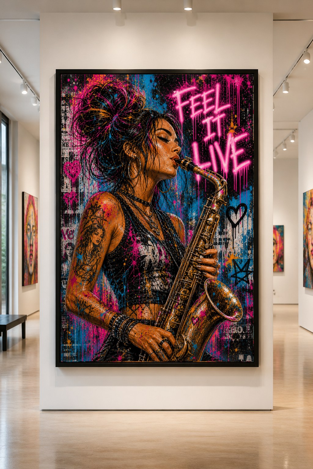 Feel It Live — large original mixed-media pop art by Tomasio, Street-pop saxophone player in profile with neon pink lettering, displayed in a gallery