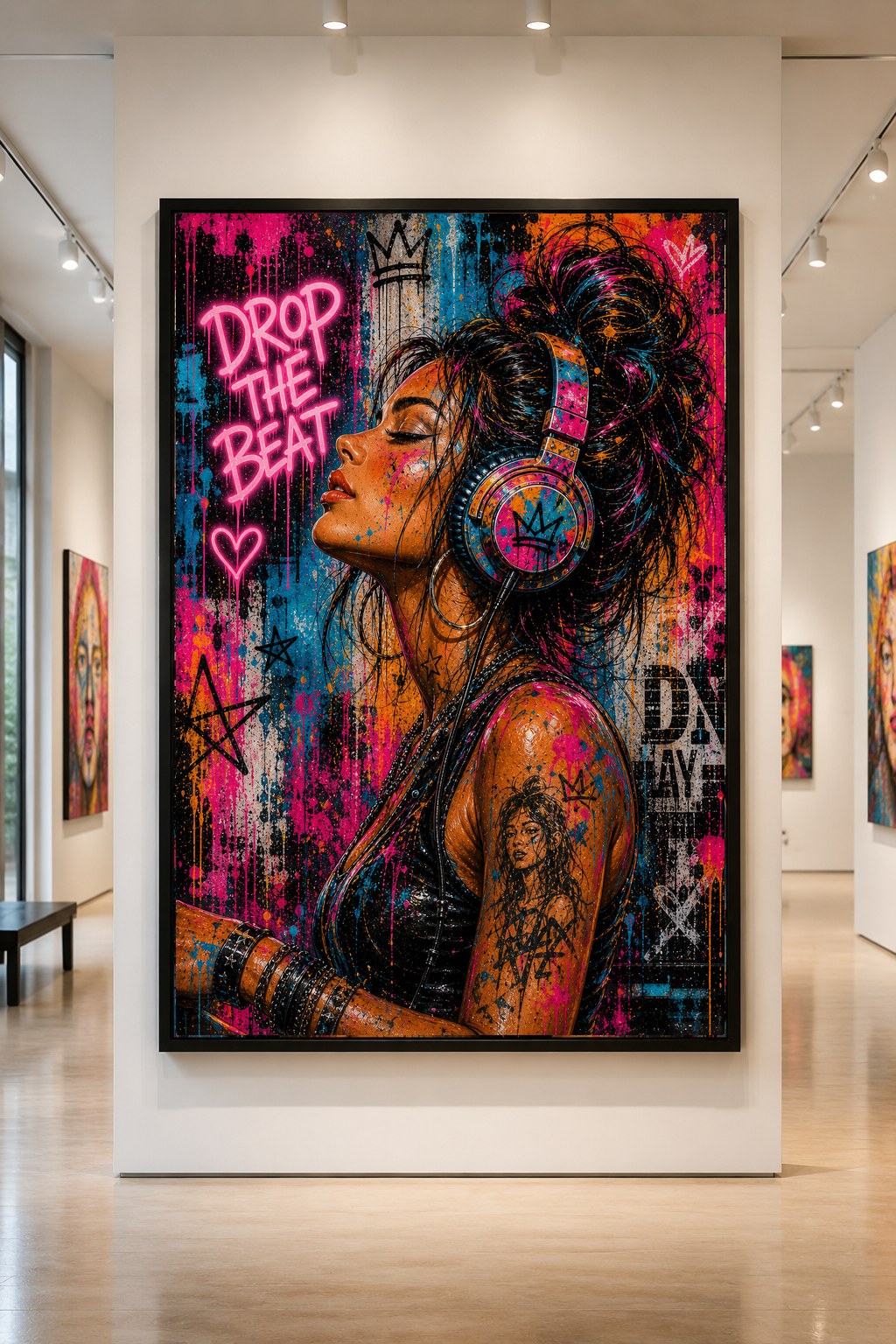 Drop the Beat — large original mixed-media pop art by Tomasio, Profile portrait of a woman in oversized headphones with paint drips, hanging in a gallery
