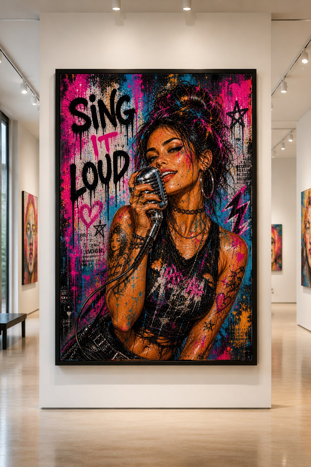 Sing It Loud — large original mixed-media pop art by Tomasio, Street-pop singer holding a retro microphone with pink and cyan splashes, displayed in a gallery