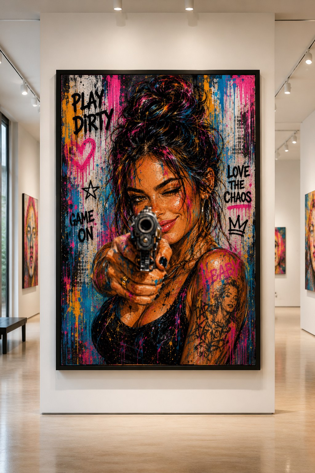 Chaos Sweetheart — large original mixed-media pop art by Tomasio, Provocative pop-art portrait with graffiti-like lettering and paint splatter, hanging in a gallery