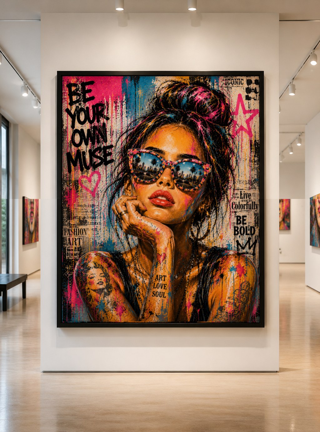 Be Your Own Muse — large original mixed-media pop art by Tomasio, Street-pop portrait of a woman in patterned sunglasses with bold graffiti lettering reading Be Your Own Muse, hanging in a gallery