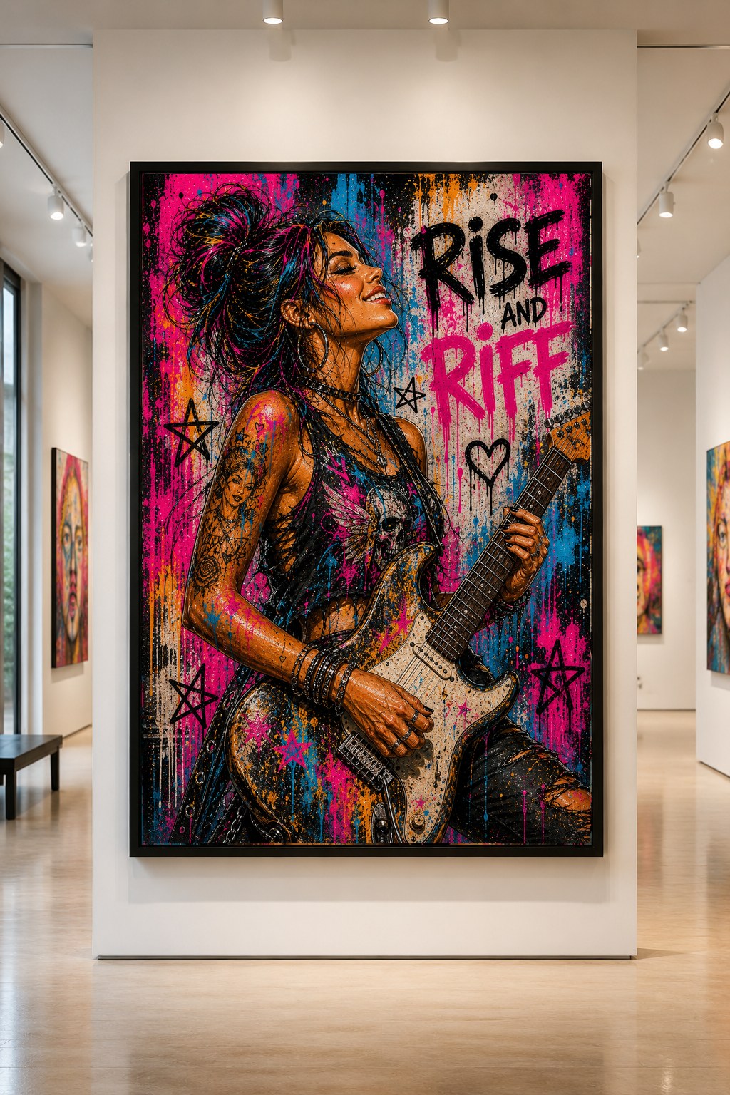Rise and Riff — large original mixed-media pop art by Tomasio, Street-pop portrait of a woman playing electric guitar with neon drips, displayed in a gallery