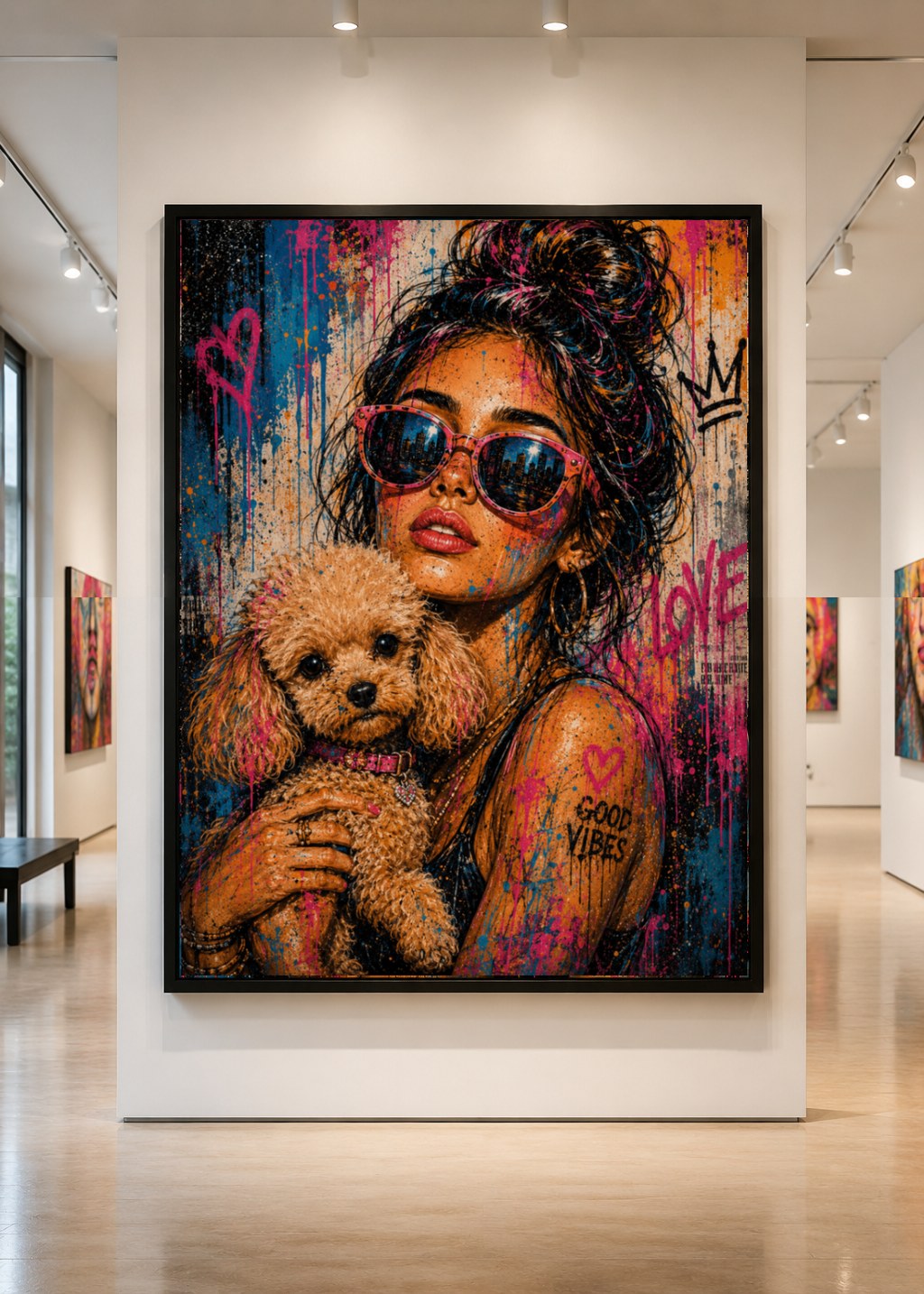 Good Vibes Club — large original mixed-media pop art by Tomasio, Street-pop portrait with a poodle and neon sunglasses, displayed in a gallery
