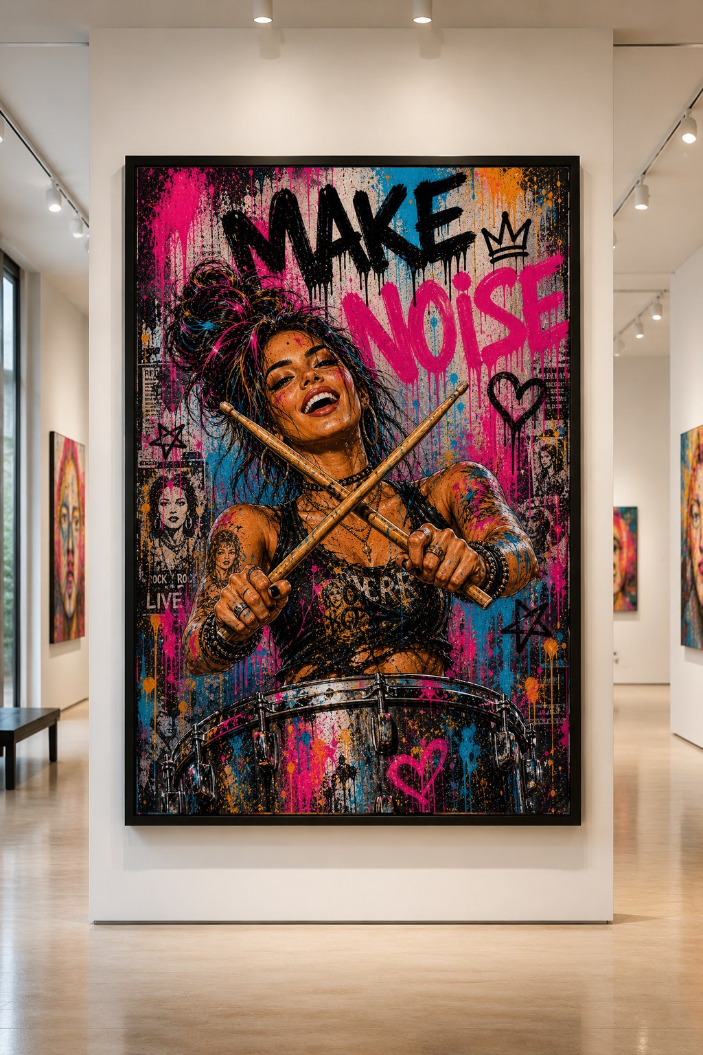 Make Noise — large original mixed-media pop art by Tomasio, Street-pop drummer portrait with crossed drumsticks in front of a neon graffiti wall, hanging in a gallery