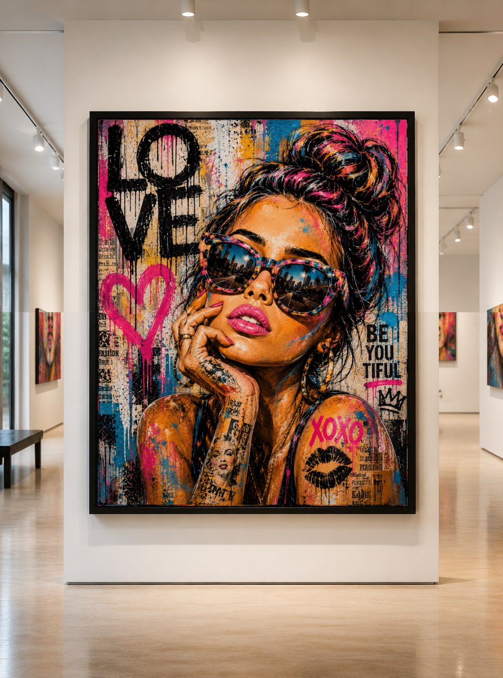 Love XOXO — large original mixed-media pop art by Tomasio, Color-saturated portrait surrounded by love symbols and lipstick marks, displayed in a gallery