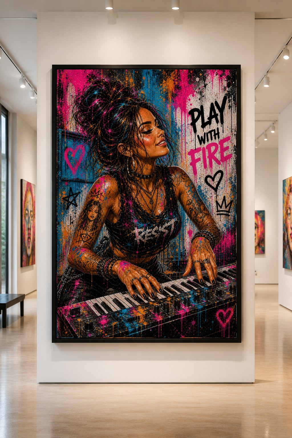 Play with Fire — large original mixed-media pop art by Tomasio, Street-pop keyboard player framed by spray-paint text and hot pink splatters, hanging in a gallery