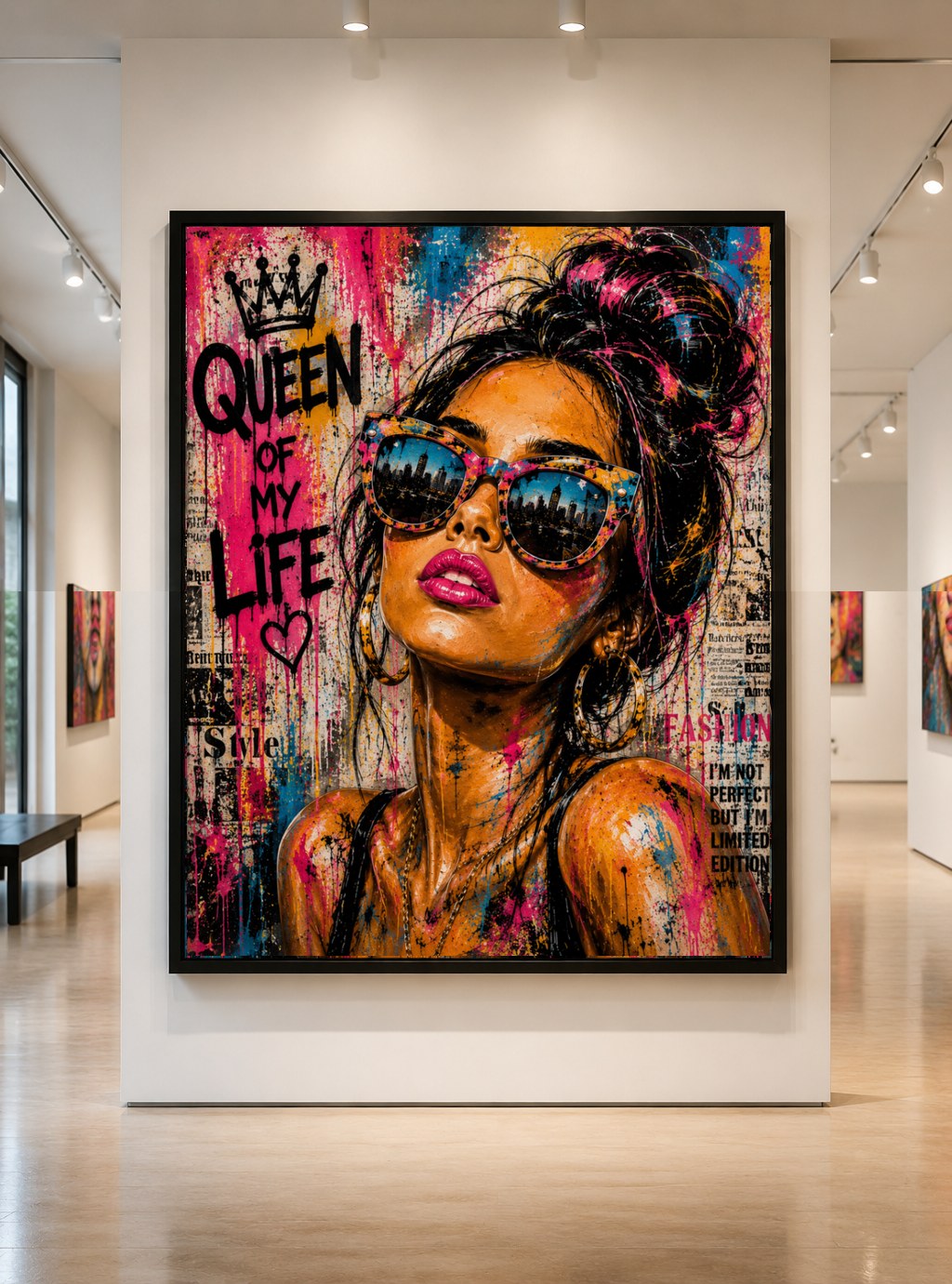 Queen of My Life — large original mixed-media pop art by Tomasio, Street-pop portrait with dripping text reading Queen of My Life, displayed in a gallery
