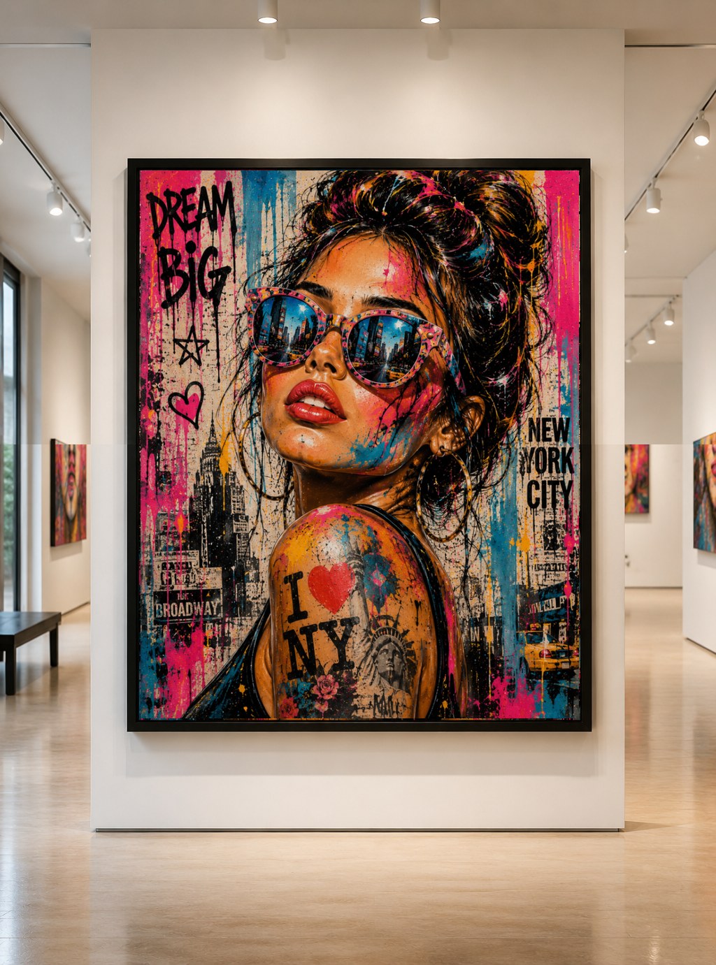 Dream Big NYC — large original mixed-media pop art by Tomasio, Pop-art portrait with New York skyline details and graffiti text reading Dream Big, hanging in a gallery