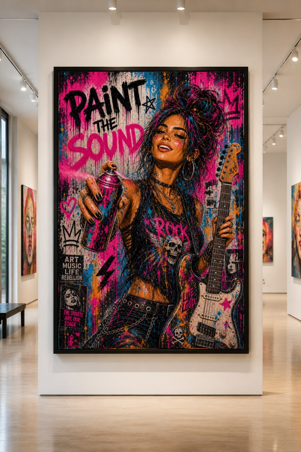 Paint the Sound — large original mixed-media pop art by Tomasio, Street-pop guitarist spraying pink paint while holding an electric guitar, displayed in a gallery