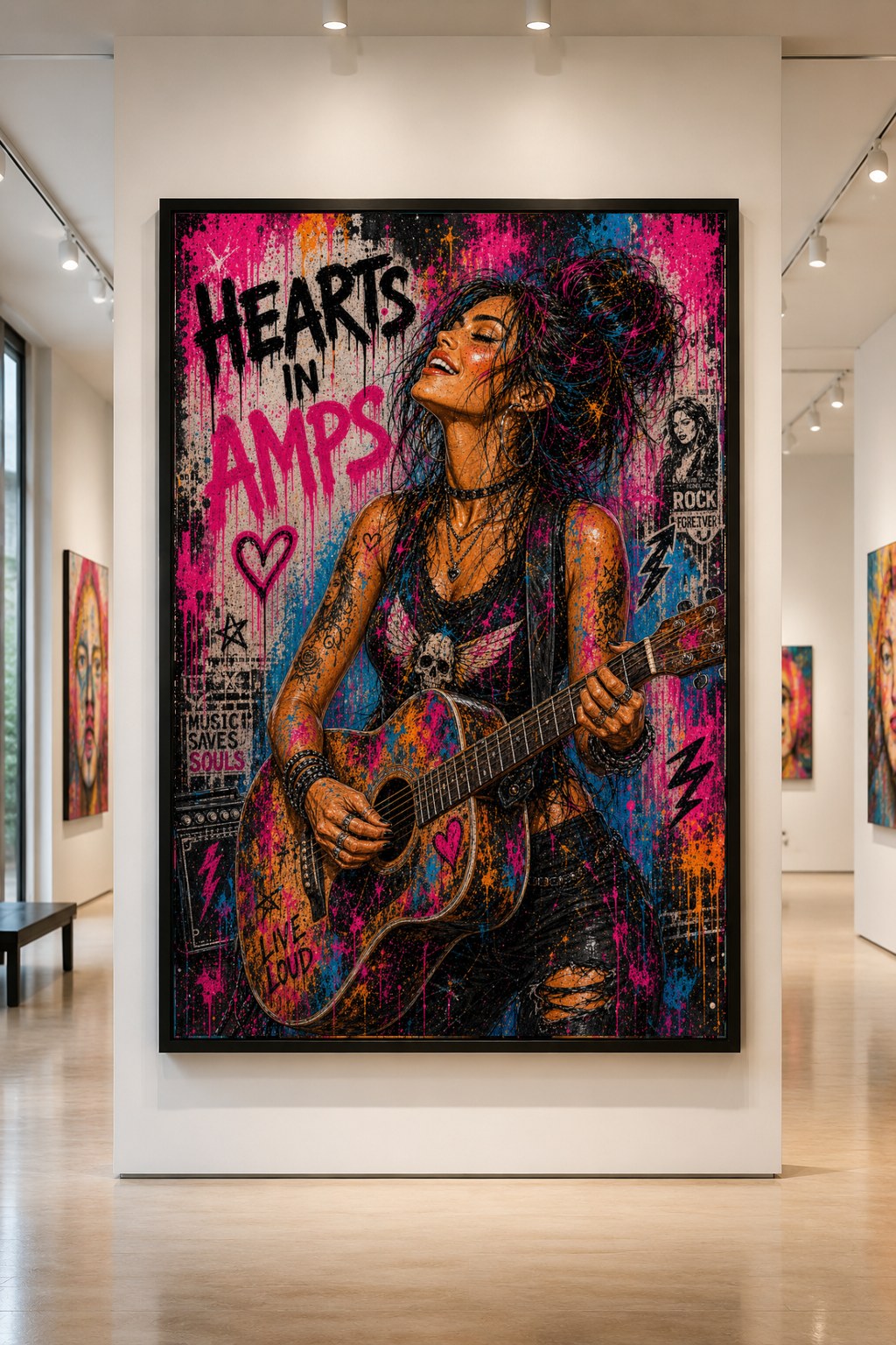 Hearts in Amps — large original mixed-media pop art by Tomasio, Street-pop musician playing acoustic guitar beneath painted lettering, hanging in a gallery